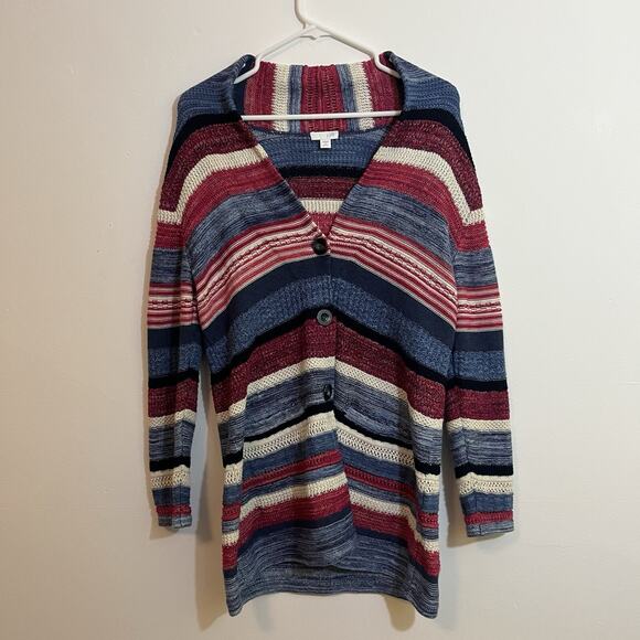 J. Jill Sweater Stripe Long Duster Linen Cotton Blue Pink Buttons Small Petite - Picture 1 of 11